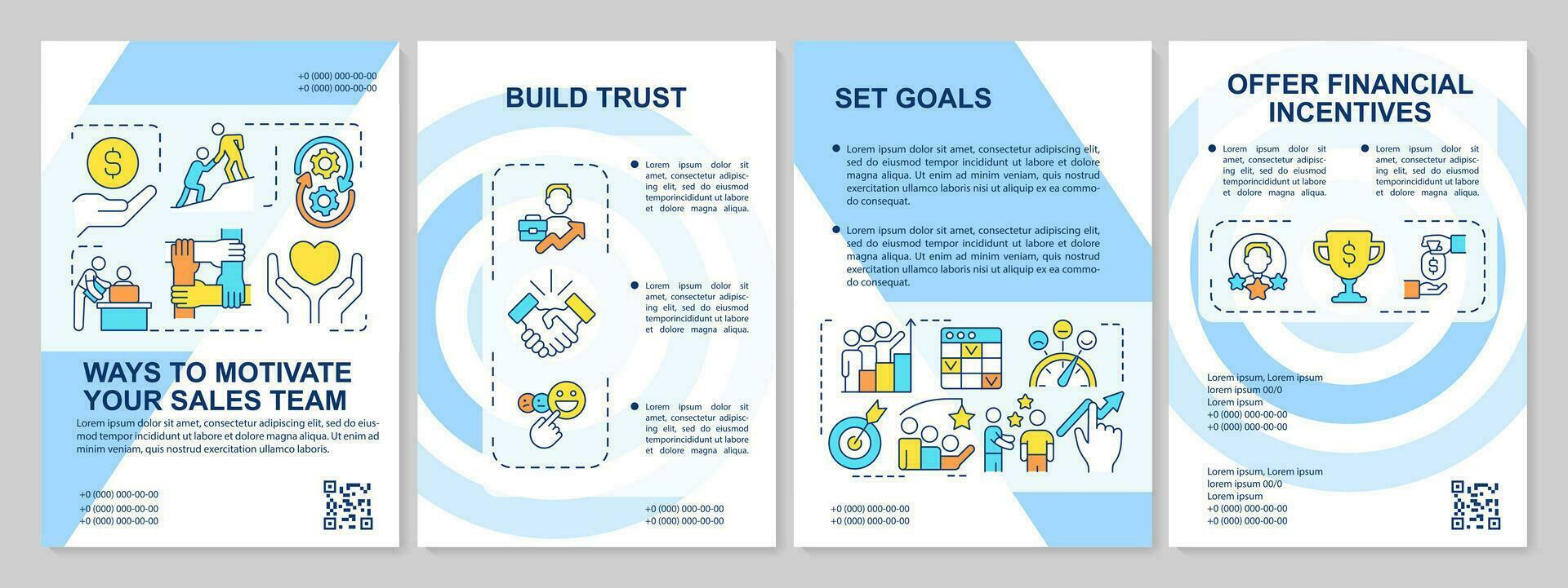 Motivating sales team ways blue brochure template. Encourage workers. Leaflet design with linear icons. Editable 4 vector layouts for presentation, annual reports