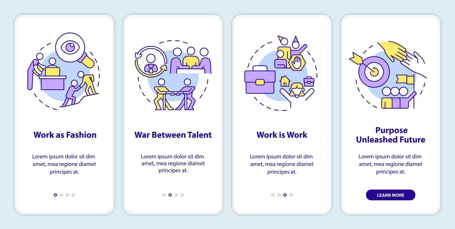 Worker-employer relations development onboarding mobile app screen. Walkthrough 4 steps editable graphic instructions with linear concepts. UI, UX, GUI template vector