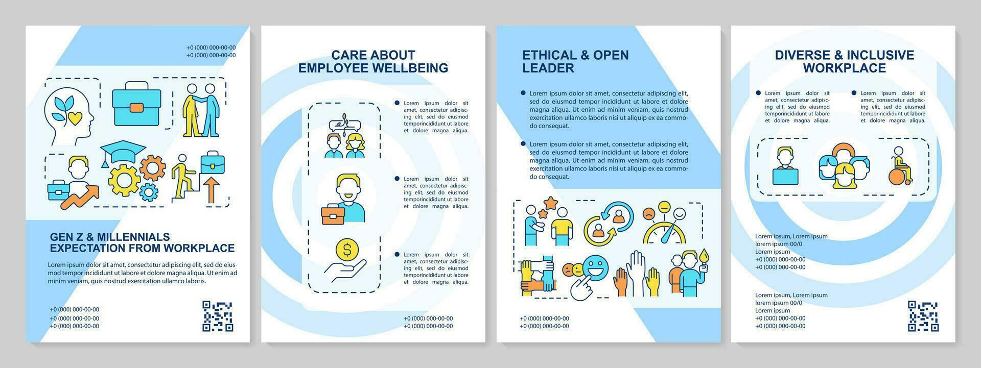 Millennials requirements from workplace blue brochure template. Leaflet design with linear icons. Editable 4 vector layouts for presentation, annual reports