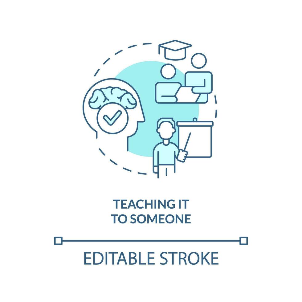 Teaching information to someone concept turquoise icon. Share knowledge. Memorization abstract idea thin line illustration. Isolated outline drawing. Editable stroke vector
