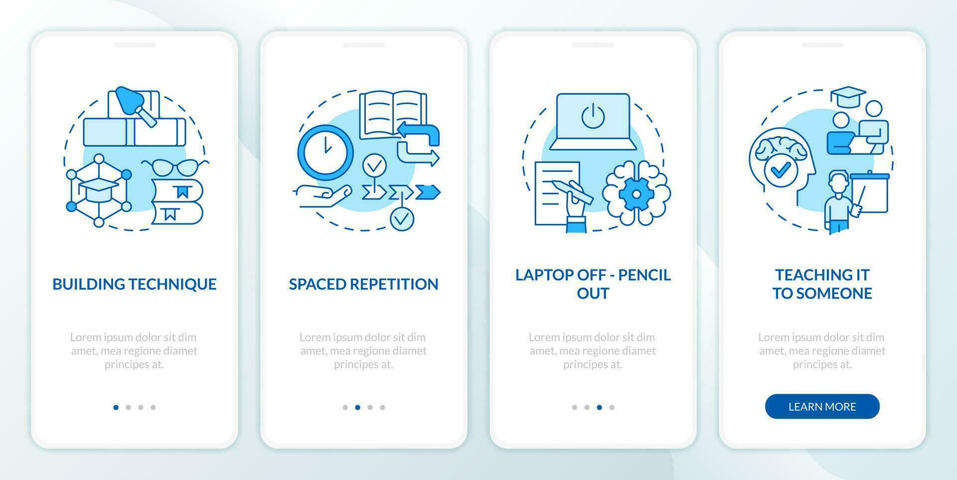 Memorizing tricks blue onboarding mobile app screen. Verbal memory walkthrough 4 steps editable graphic instructions with linear concepts. UI, UX, GUI template vector