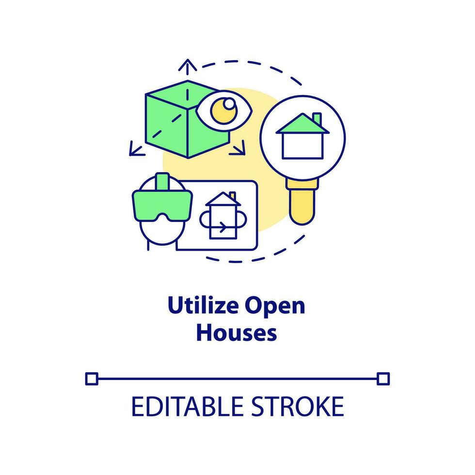 Utilize open houses concept icon. Property viewing. Real estate. Homebuying tip abstract idea thin line illustration. Isolated outline drawing. Editable stroke vector