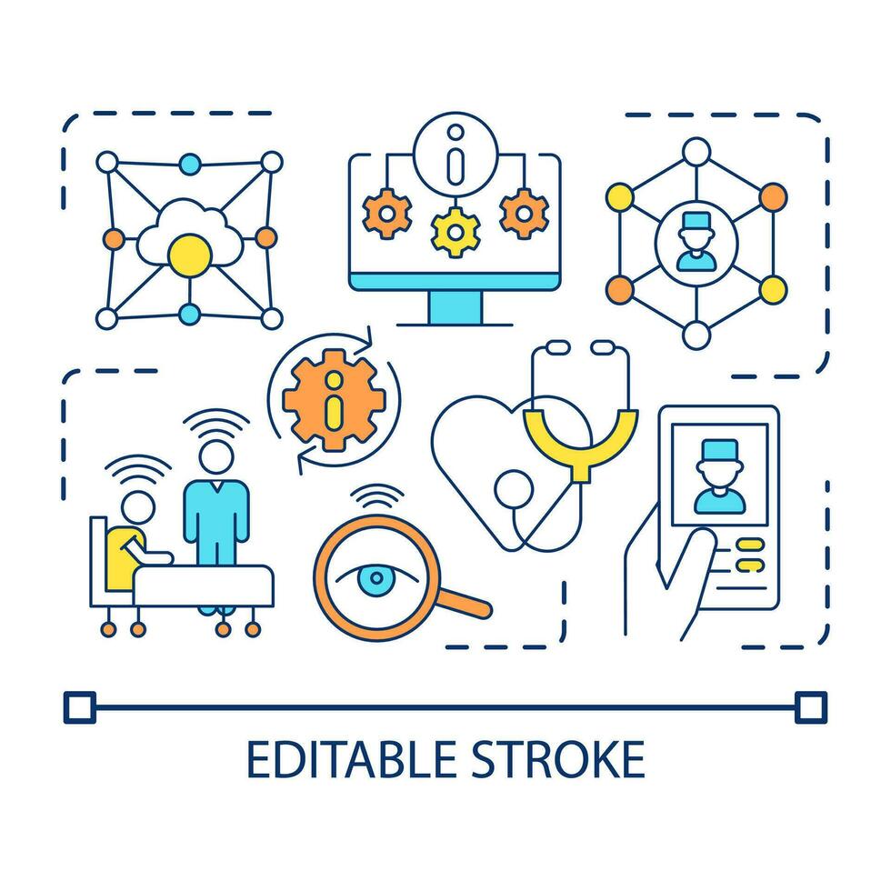 Healthcare industry revolutionizing concept icon. Digital medicine. Medical machine learning abstract idea thin line illustration. Isolated outline drawing. Editable stroke vector