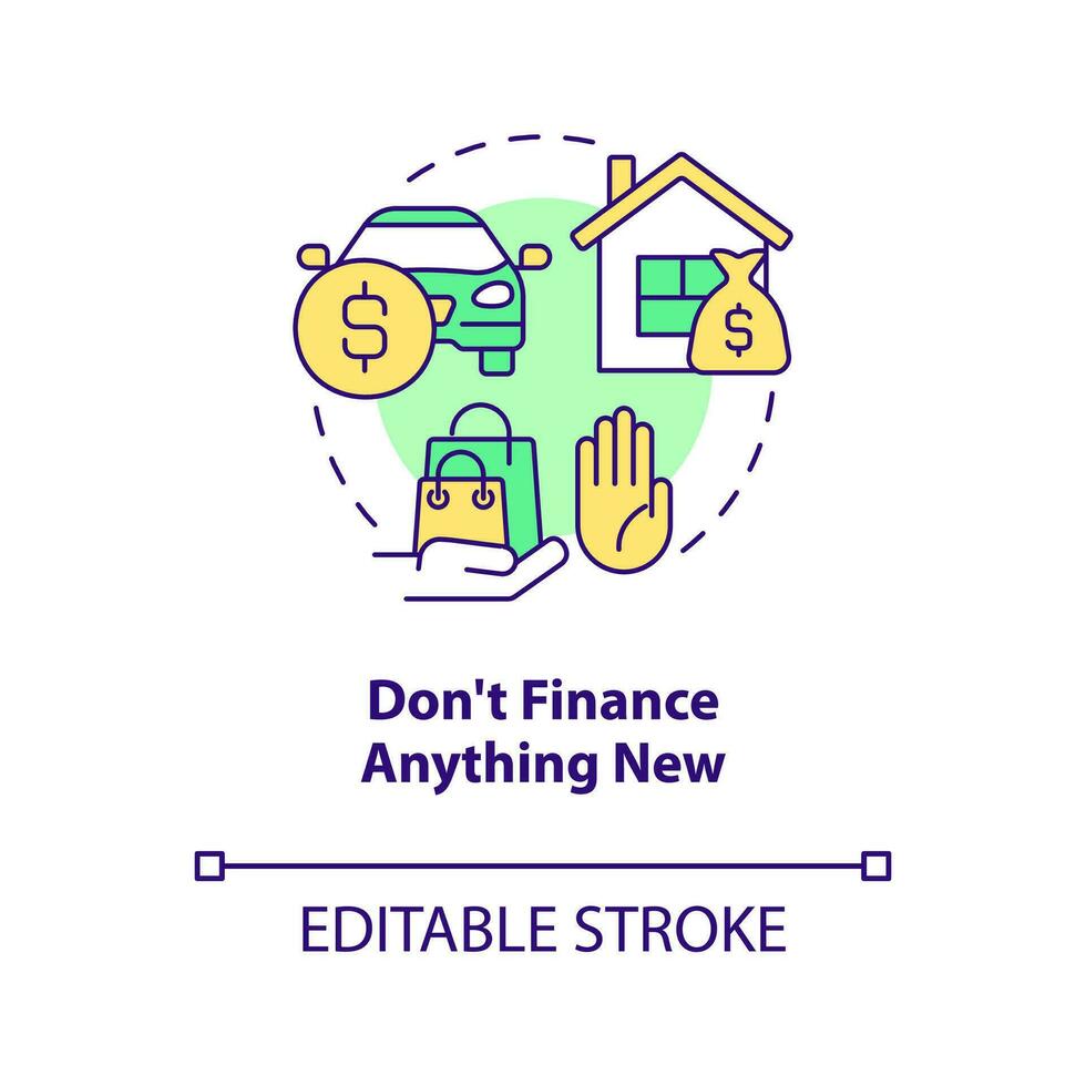 Dont finance anything new concept icon. Credit score. Money saving. Homebuying tip abstract idea thin line illustration. Isolated outline drawing. Editable stroke vector