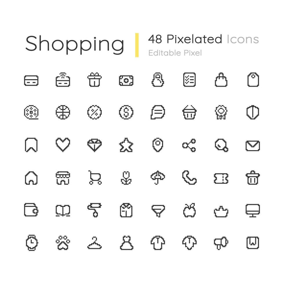 Shopping editable pixel ui icons set. Digital commerce. Online store. Retail. Outline 8bit graphic elements collection. Isolated retro vector images for web, mobile app