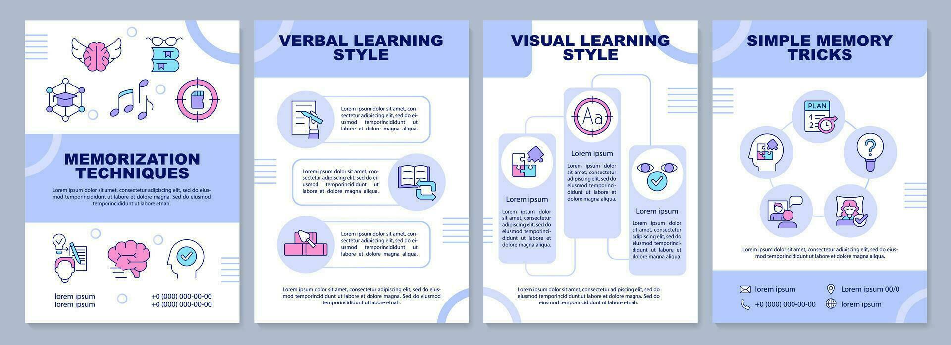 memorización tecnicas azul folleto modelo. aprendizaje estilo. folleto diseño con lineal iconos editable 4 4 vector diseños para presentación, anual informes