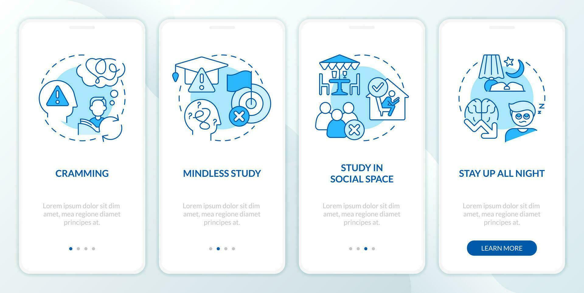 Ineffective ways to study blue onboarding mobile app screen. Walkthrough 4 steps editable graphic instructions with linear concepts. UI, UX, GUI template vector