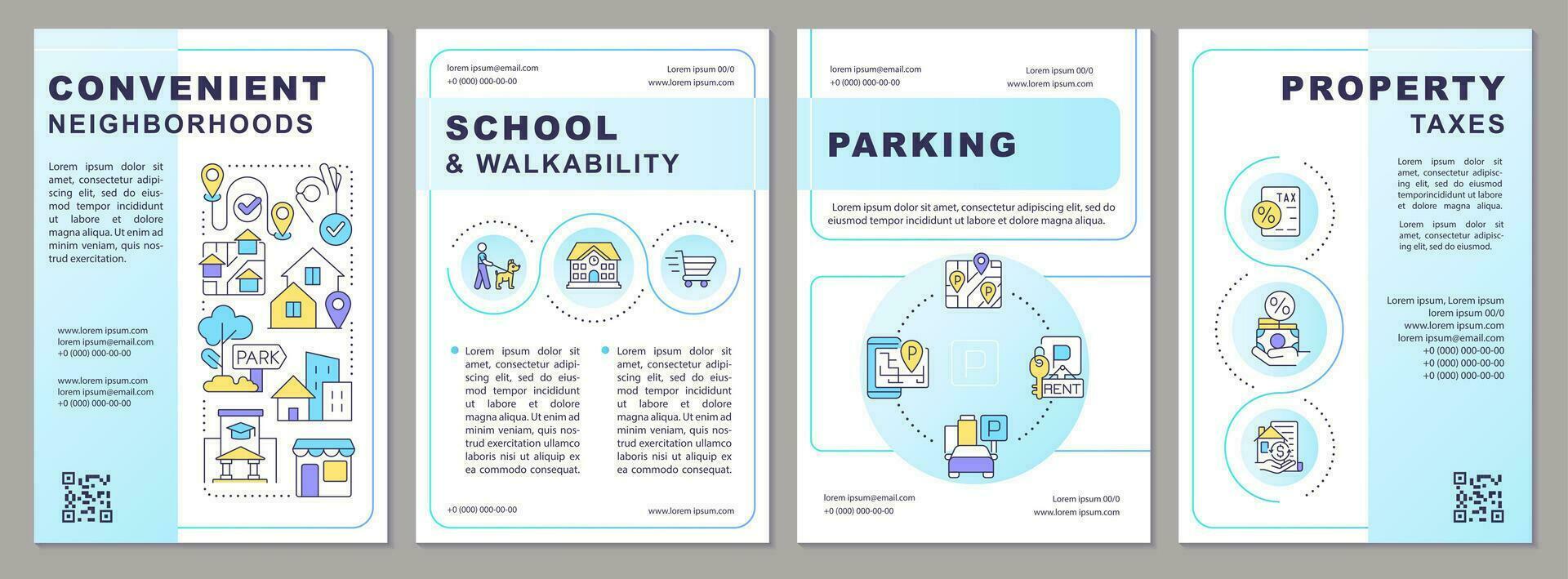 Best neighborhood brochure template. Property taxes and parking. Leaflet design with linear icons. Editable 4 vector layouts for presentation, annual reports