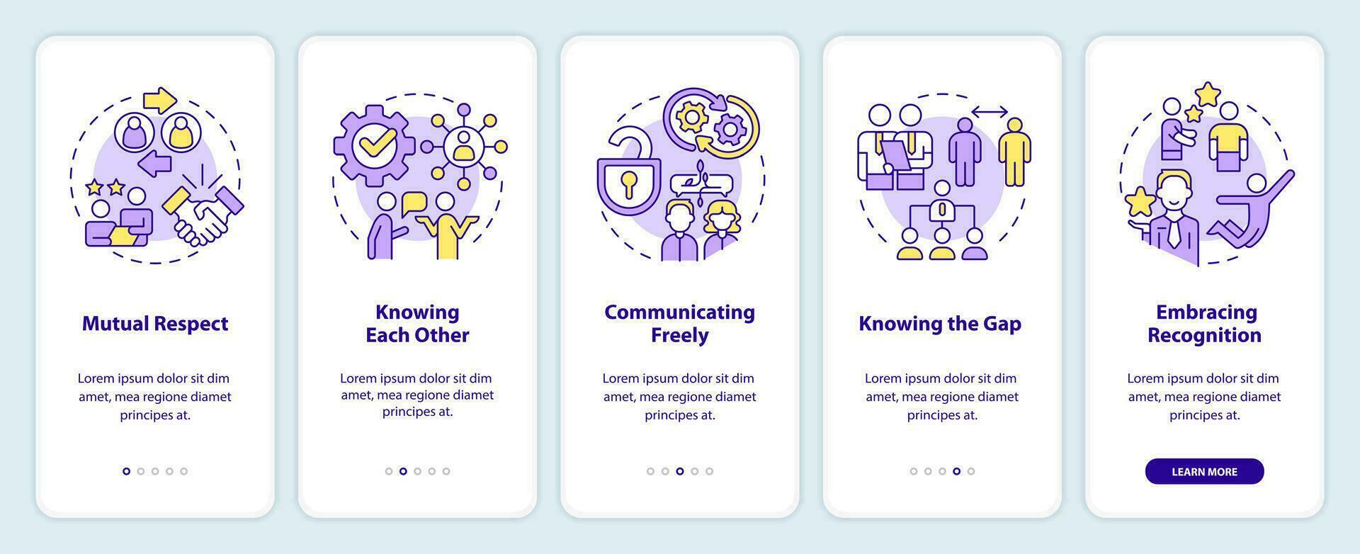 Build solid employer employee relations onboarding mobile app screen. Walkthrough 5 steps editable graphic instructions with linear concepts. UI, UX, GUI template vector
