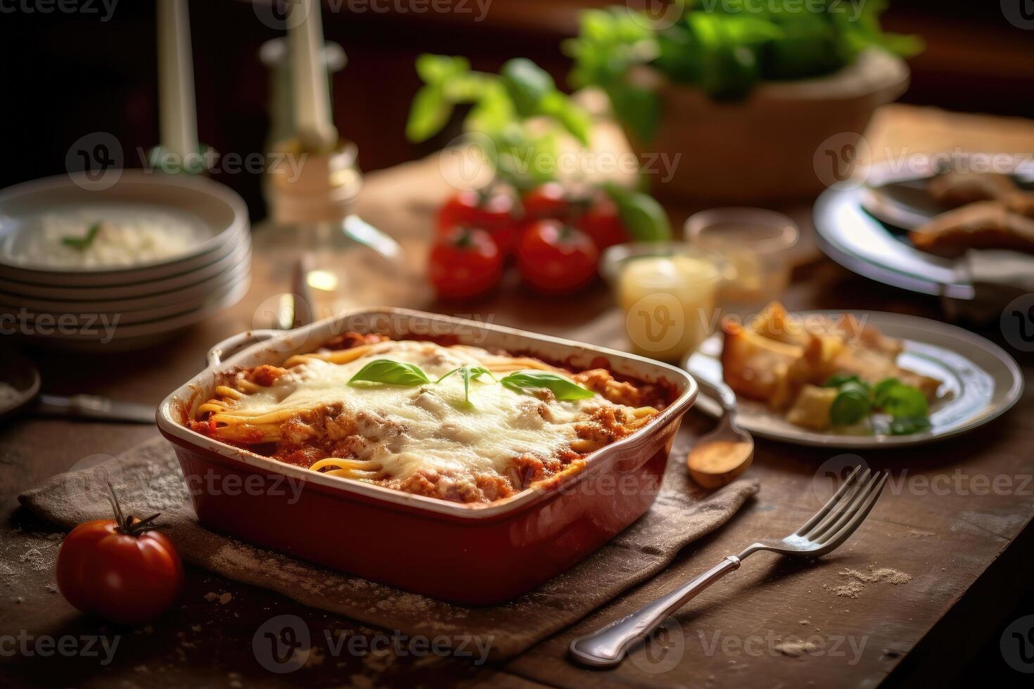 stock photo of lasagna in kitchen table bird view