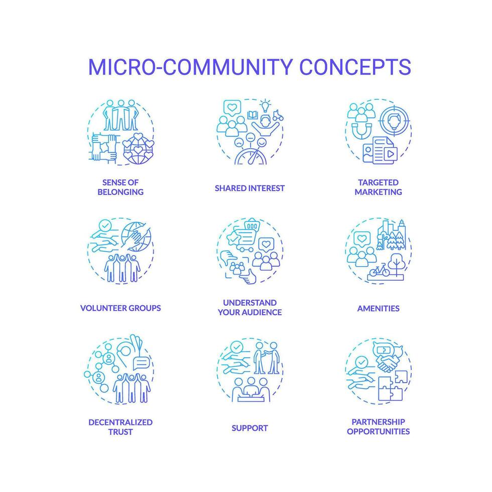 Micro community blue gradient concept icons set. Small group. Social cohesion. Mutual aid. Common goal. Collaborative project. Build community idea thin line color illustrations. Isolated symbols vector