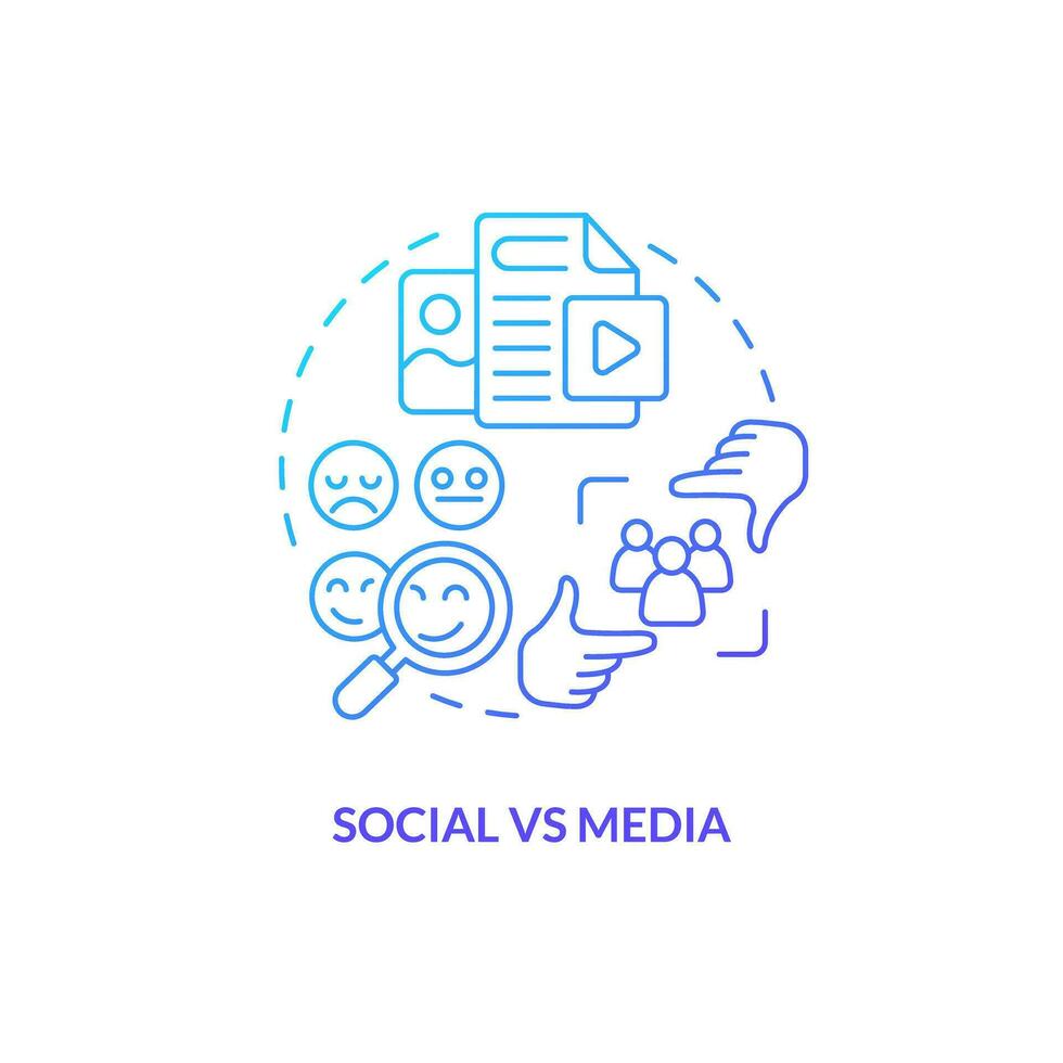 Social vs media blue gradient concept icon. Online content. Interpersonal relationship. Small community. Social network abstract idea thin line illustration. Isolated outline drawing vector