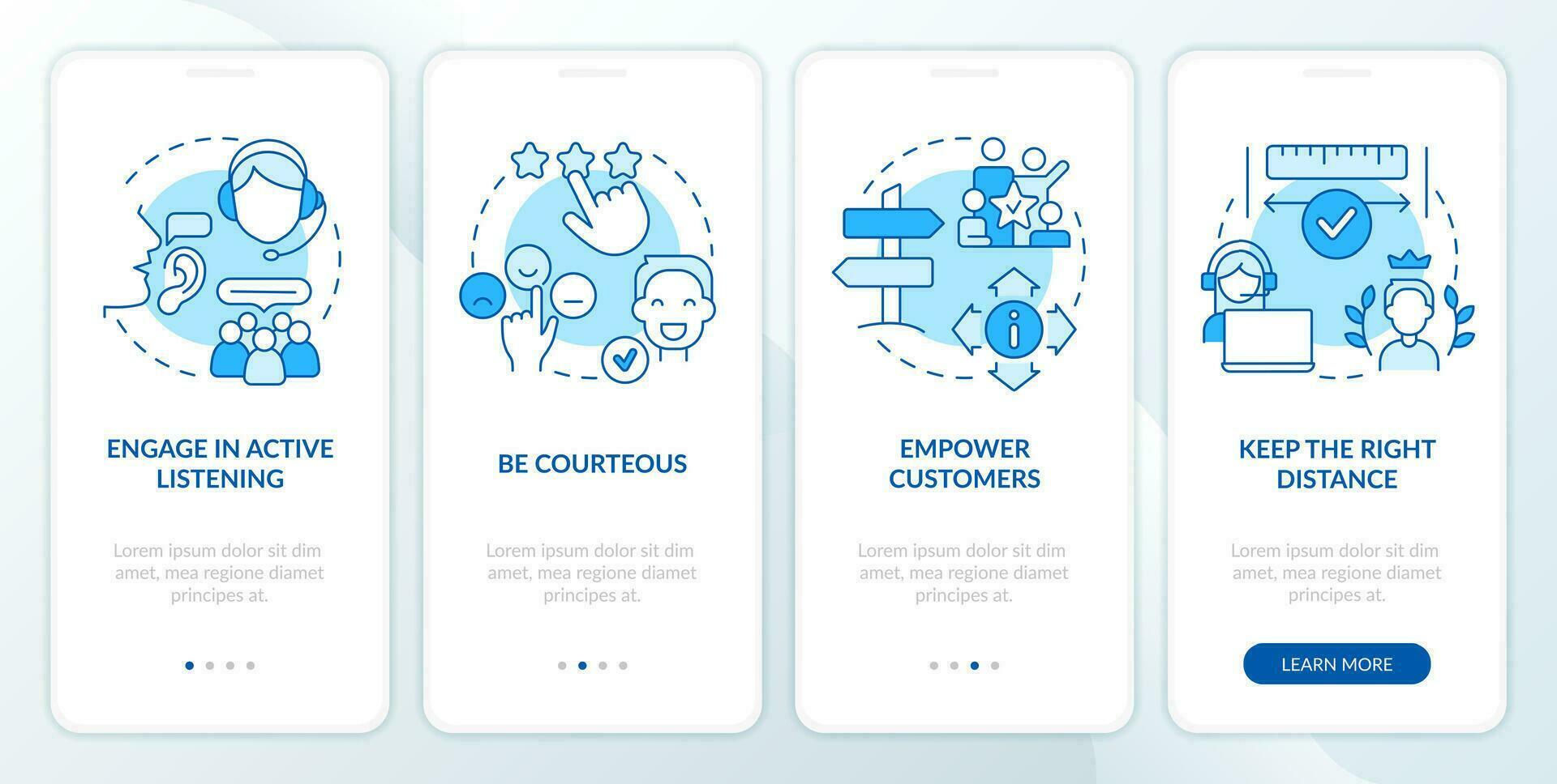 Call center customer service work blue onboarding mobile app screen. Walkthrough 4 steps editable graphic instructions with linear concepts. UI, UX, GUI template vector