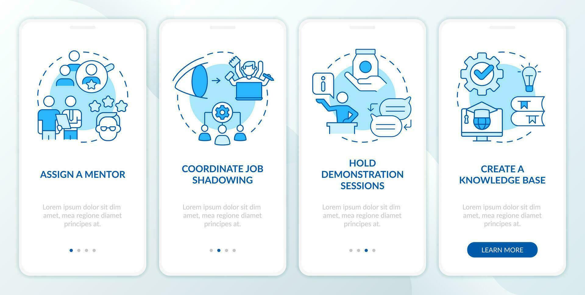 producto característica y solicitud azul inducción móvil aplicación pantalla. recorrido 4 4 pasos editable gráfico instrucciones con lineal conceptos. ui, ux, gui modelo vector