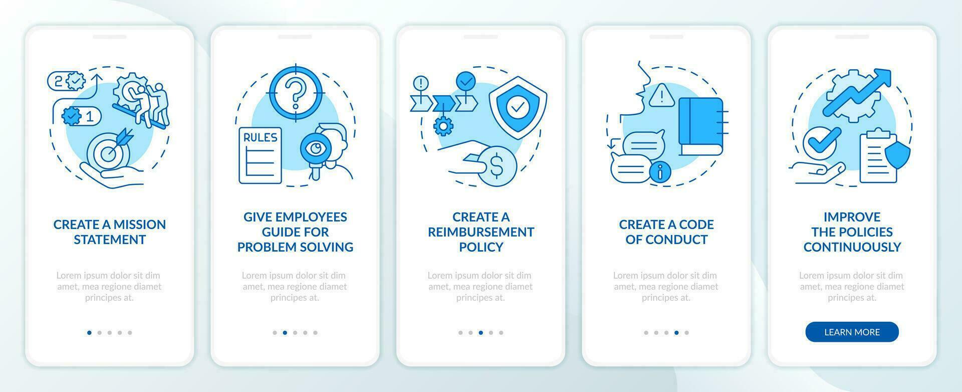 Customer service policy blue onboarding mobile app screen. Business walkthrough 5 steps editable graphic instructions with linear concepts. UI, UX, GUI template vector