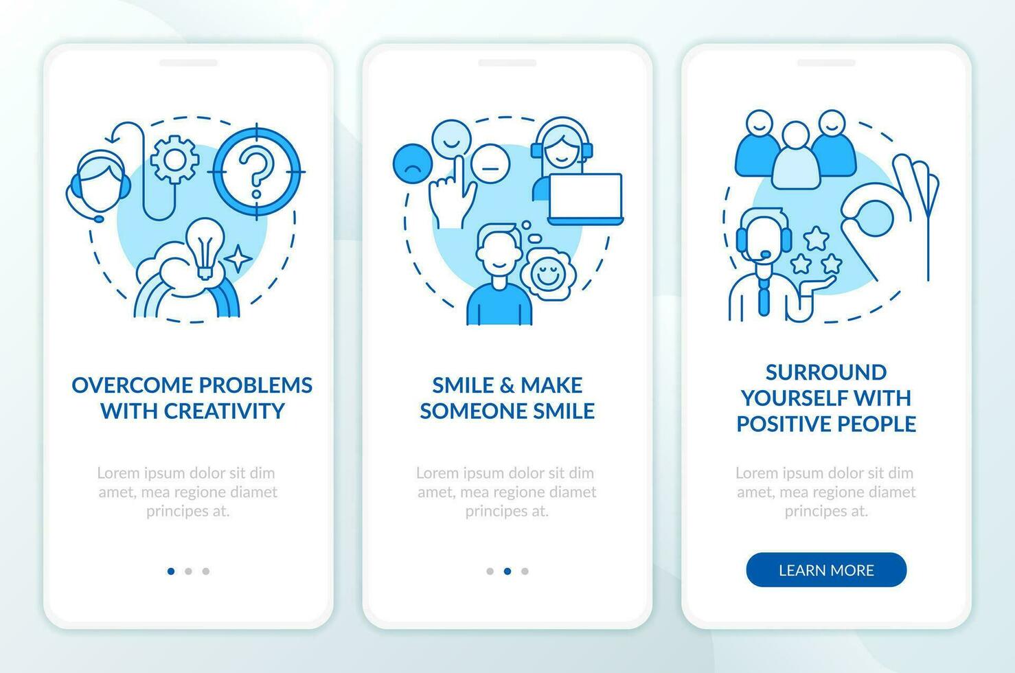 Positive attitude in service blue onboarding mobile app screen. Walkthrough 3 steps editable graphic instructions with linear concepts. UI, UX, GUI template vector