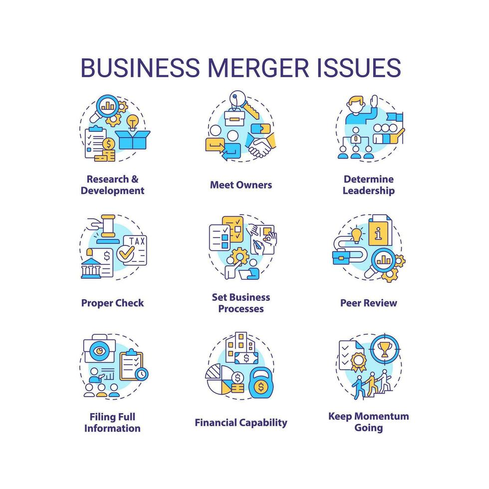 Business merger issues concept icons set. Corporate acquisition idea thin line color illustrations. Company owners. Isolated symbols. Editable stroke vector