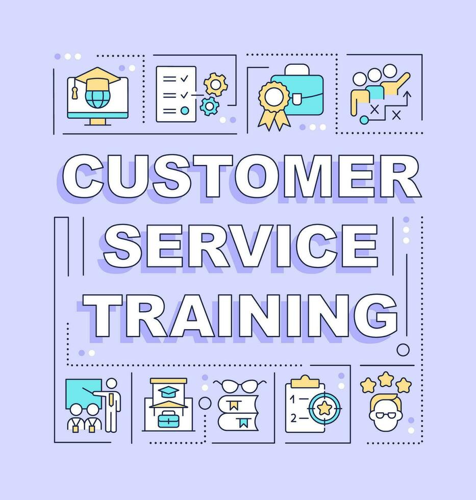 Customer service training word concepts purple banner. Employee skill. Infographics with editable icons on color background. Isolated typography. Vector illustration with text