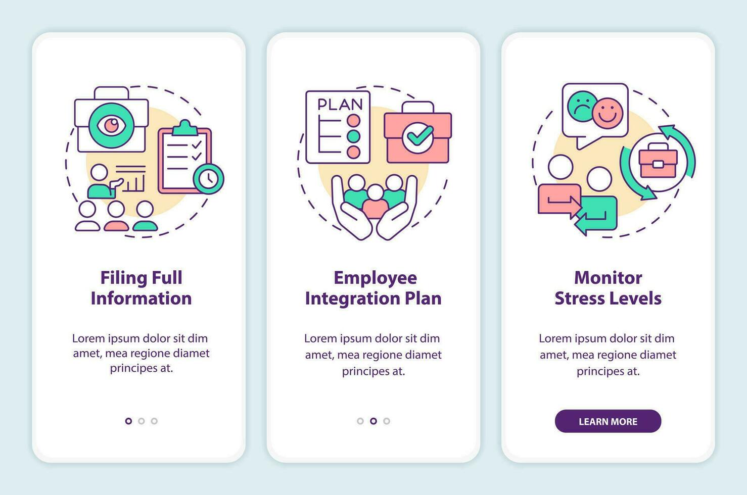 prevenir masa éxodo durante fusiones inducción móvil aplicación pantalla. recorrido 3 pasos editable gráfico instrucciones con lineal conceptos. ui, ux, gui modelo vector