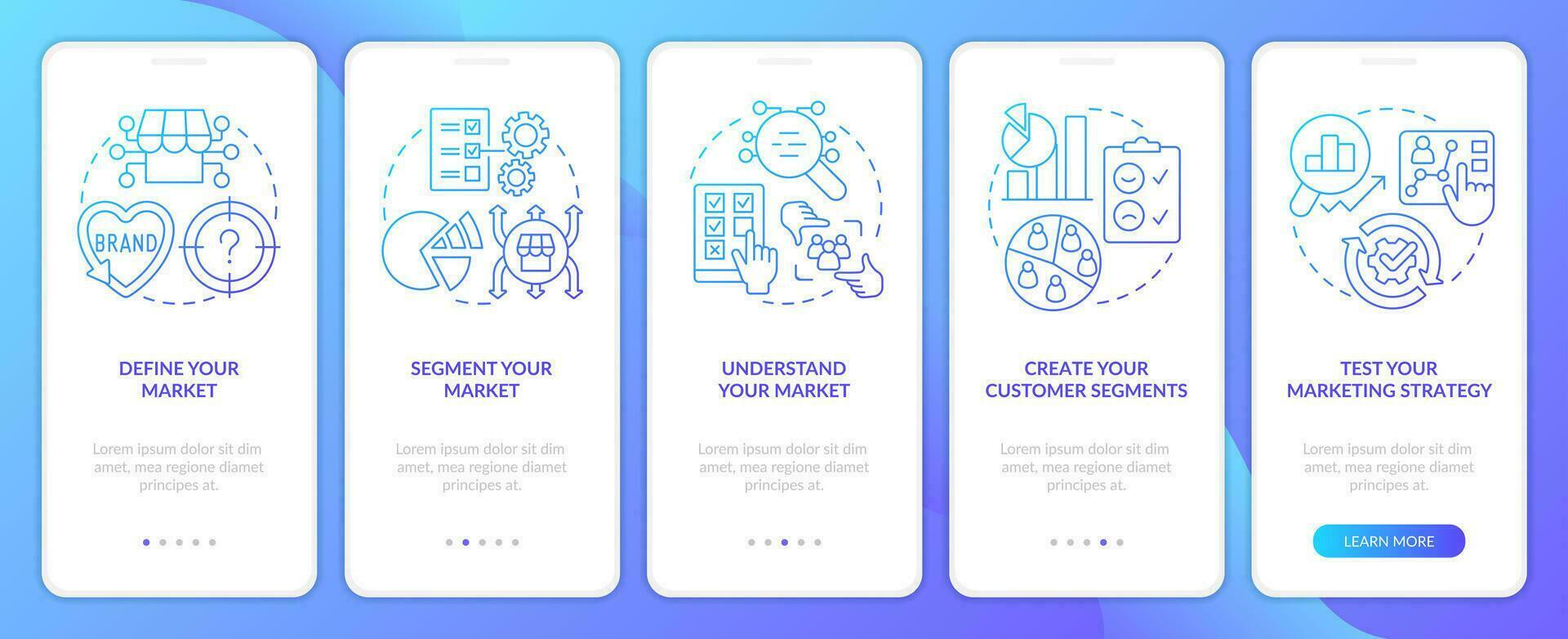 Get started with segmentation blue gradient onboarding mobile app screen. Walkthrough 5 steps graphic instructions with linear concepts. UI, UX, GUI template vector