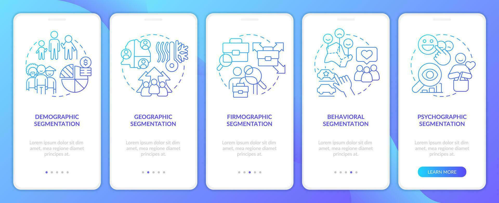 Type of market segmentation blue gradient onboarding mobile app screen. Walkthrough 5 steps graphic instructions with linear concepts. UI, UX, GUI template vector