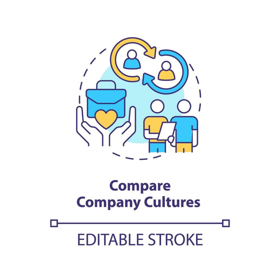 Compare company cultures concept icon. Small business merger guide abstract idea thin line illustration. Shared values. Isolated outline drawing. Editable stroke vector