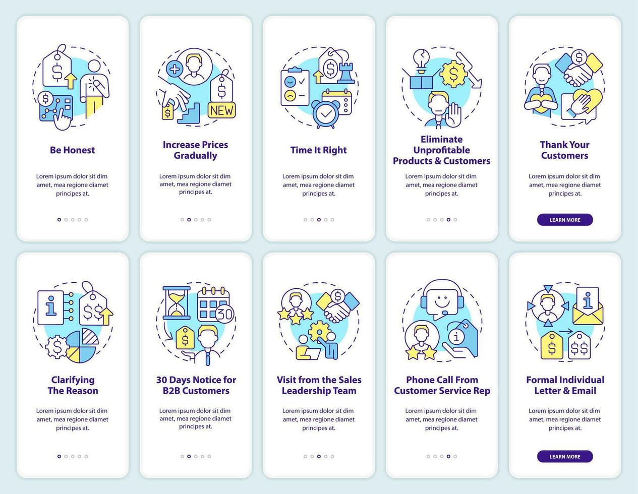 Increasing prices onboarding mobile app screen set. Retain customers walkthrough 5 steps editable graphic instructions with linear concepts. UI, UX, GUI template vector