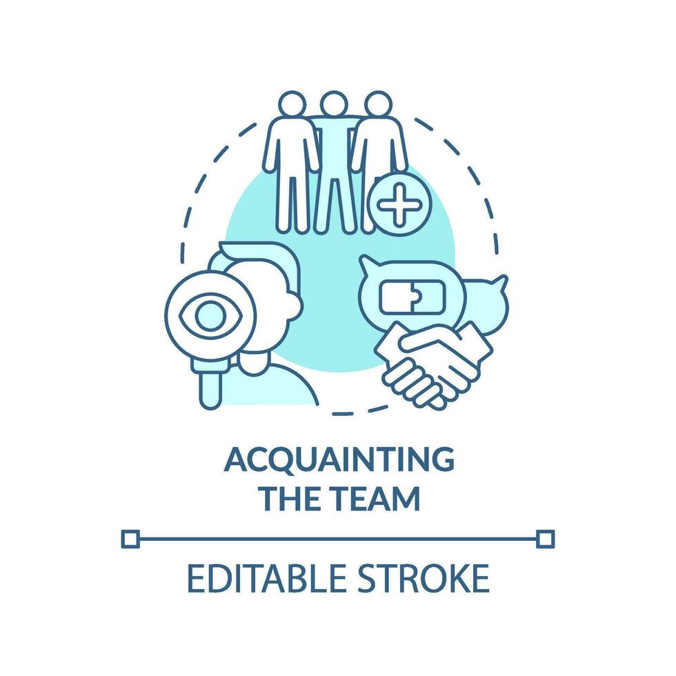 Acquainting team turquoise concept icon. New hire customer service training step abstract idea thin line illustration. Isolated outline drawing. Editable stroke vector