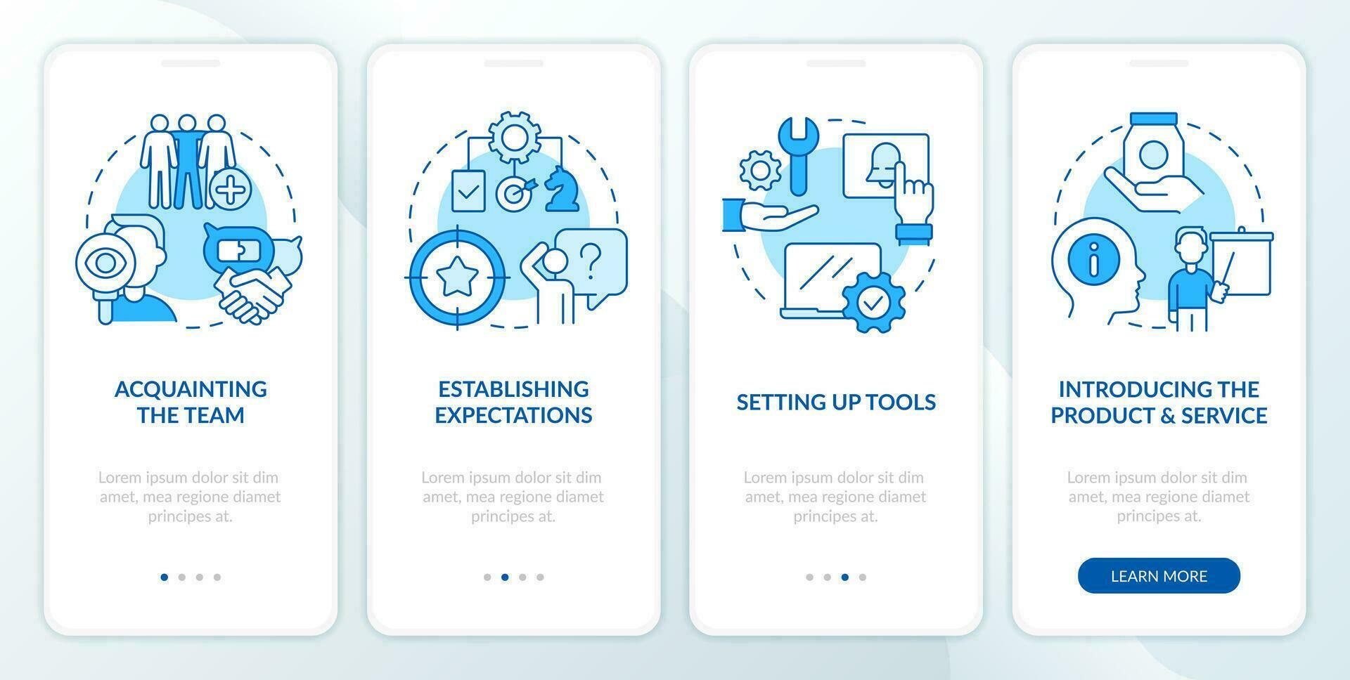 New hire customer service training blue onboarding mobile app screen. Walkthrough 4 steps editable graphic instructions with linear concepts. UI, UX, GUI template vector