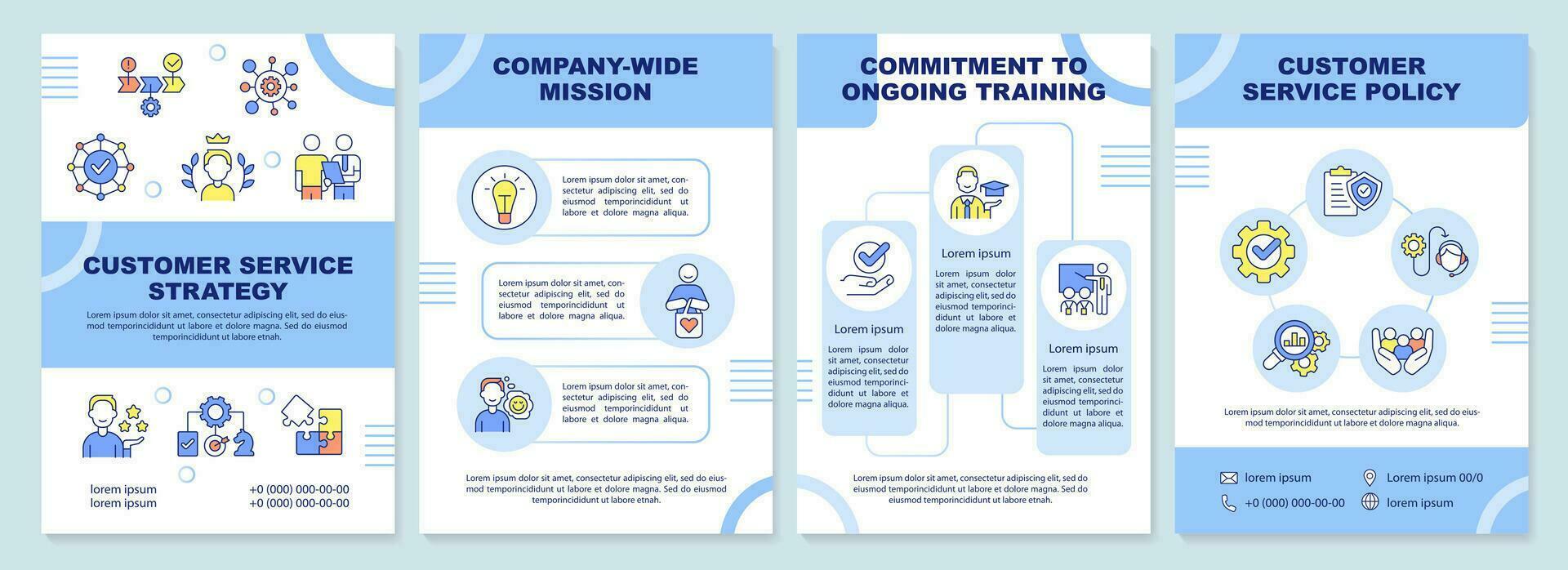 Customer service strategy blue brochure template. Leaflet design with linear icons. Editable 4 vector layouts for presentation, annual reports