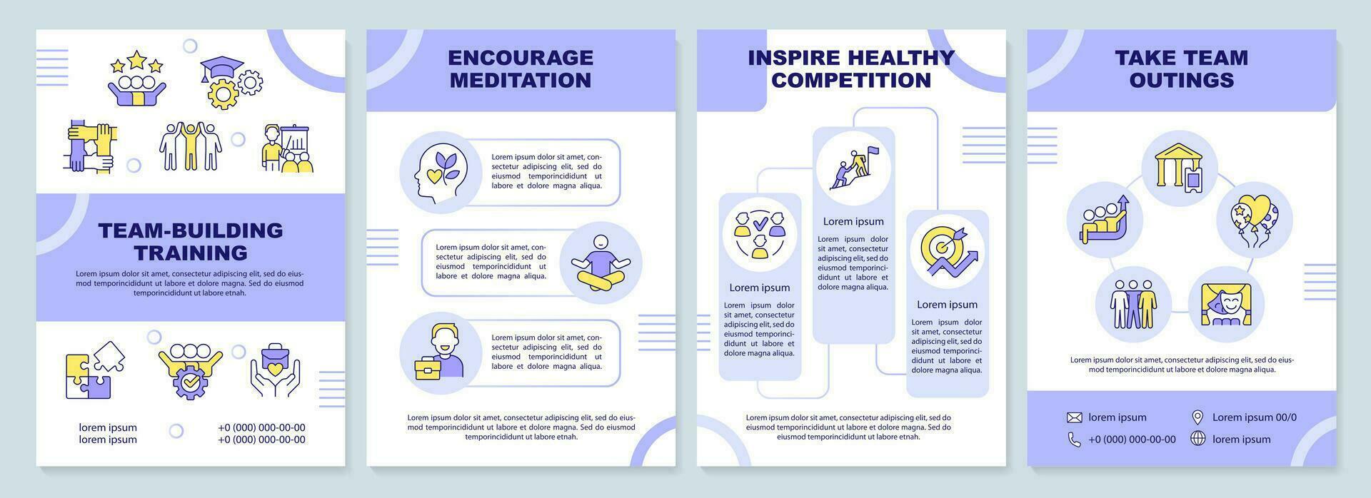 Teambuilding training purple brochure template. Cooperation. Leaflet design with linear icons. Editable 4 vector layouts for presentation, annual reports