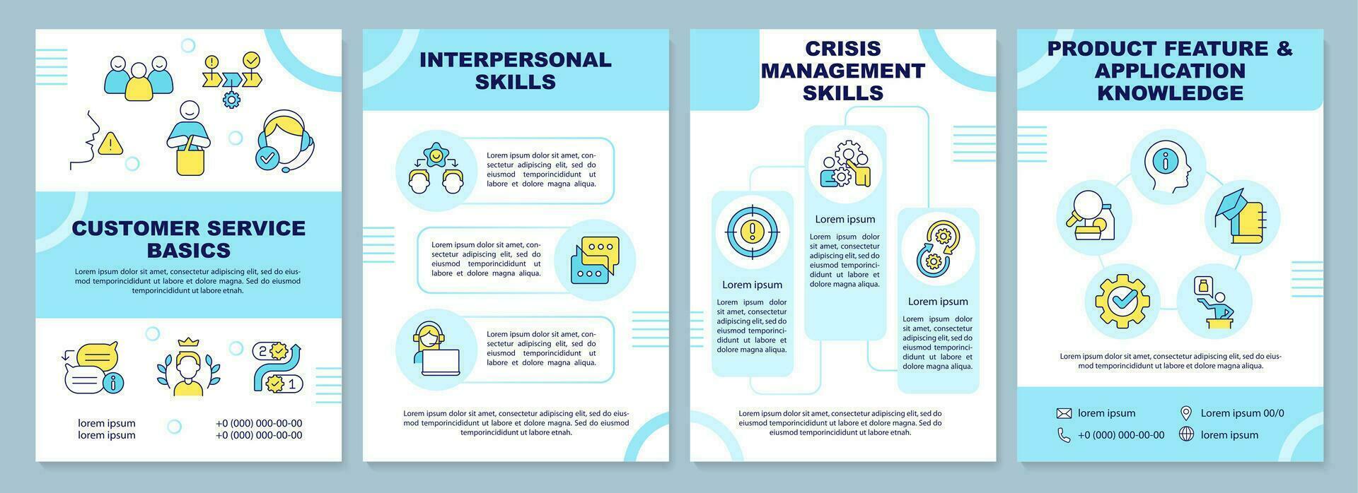 Customer service basics blue brochure template. Leaflet design with linear icons. Editable 4 vector layouts for presentation, annual reports