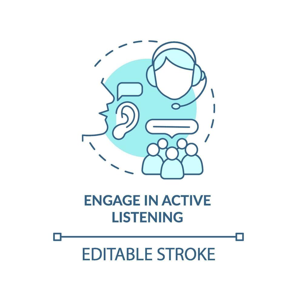Active listening turquoise concept icon. Call center customer service agent skill abstract idea thin line illustration. Isolated outline drawing. Editable stroke vector