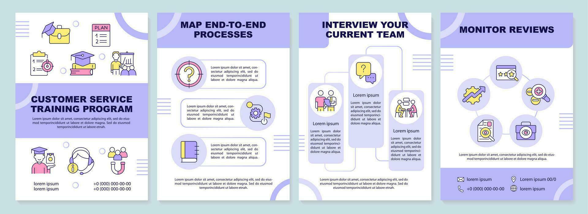 Customer service training program purple brochure template. Leaflet design with linear icons. Editable 4 vector layouts for presentation, annual reports