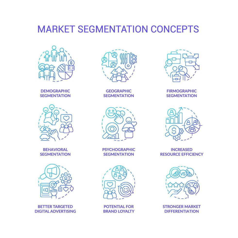 Market segmentation blue gradient concept icons set. Divide in groups. Target audience idea thin line color illustrations. Isolated symbols vector
