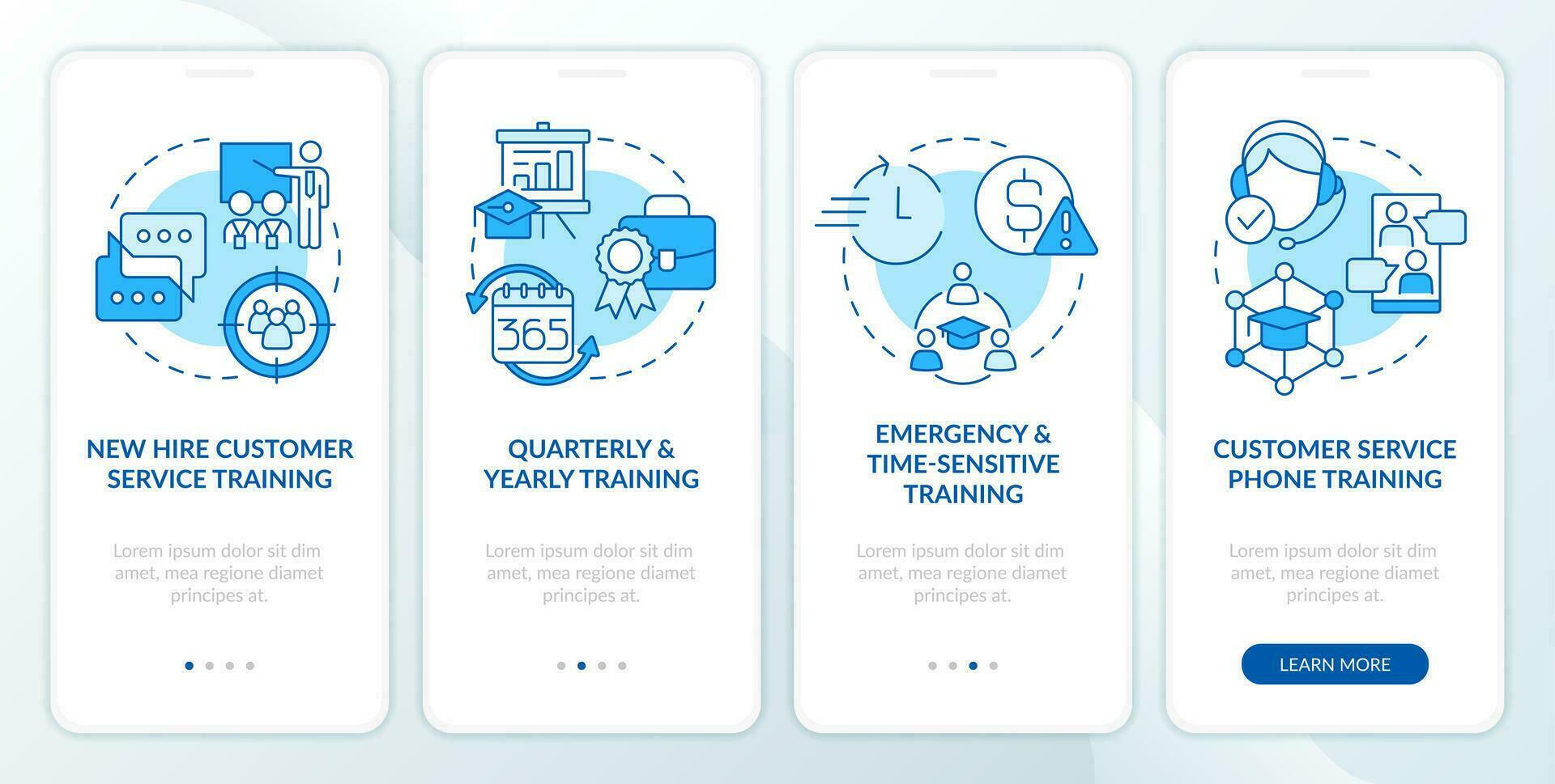 Customer service trainings blue onboarding mobile app screen. Business walkthrough 4 steps editable graphic instructions with linear concepts. UI, UX, GUI template vector