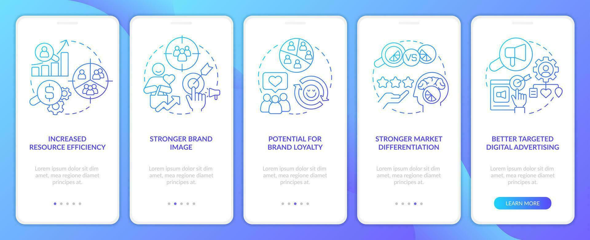 Benefits of market segmentation blue gradient onboarding mobile app screen. Walkthrough 5 steps graphic instructions with linear concepts. UI, UX, GUI template vector