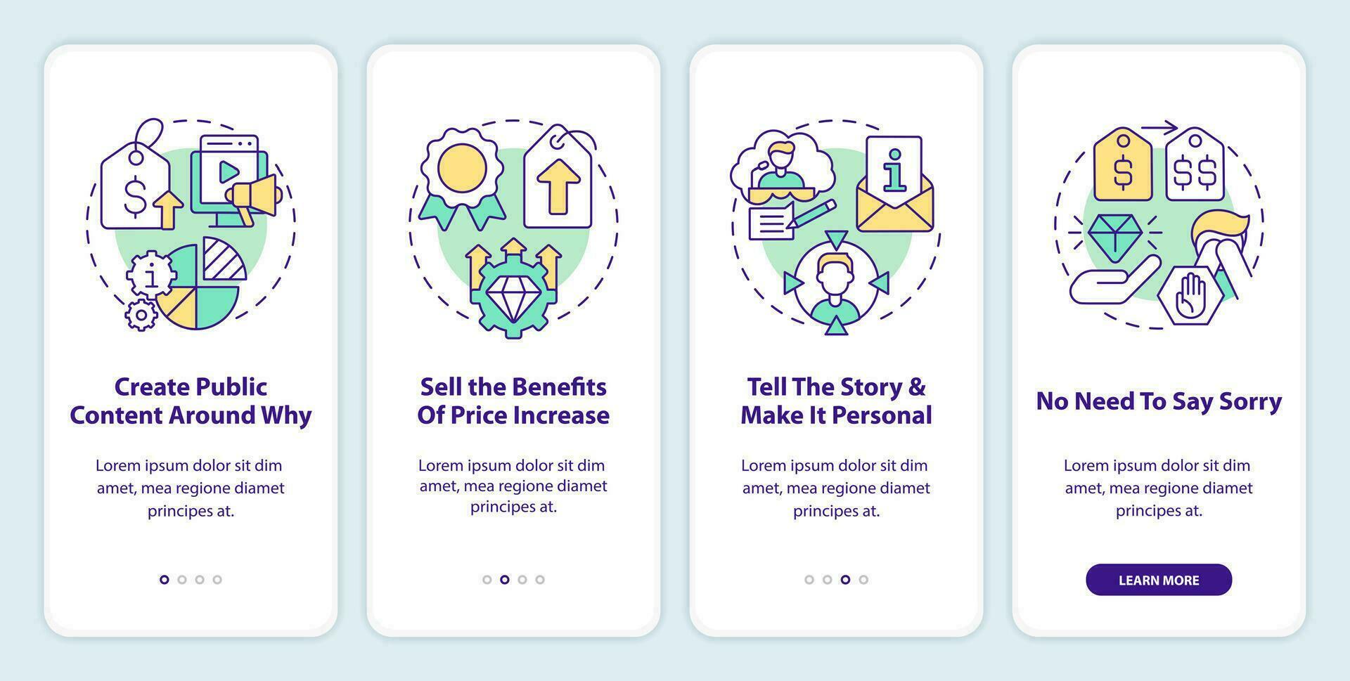 Raise prices without losing customers onboarding mobile app screen. Walkthrough 4 steps editable graphic instructions with linear concepts. UI, UX, GUI template vector