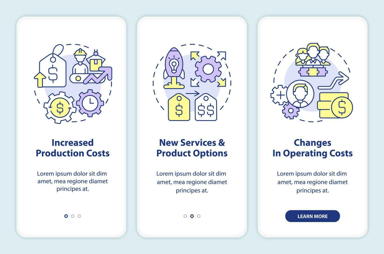 Common reasons for price increase onboarding mobile app screen. Walkthrough 3 steps editable graphic instructions with linear concepts. UI, UX, GUI template vector