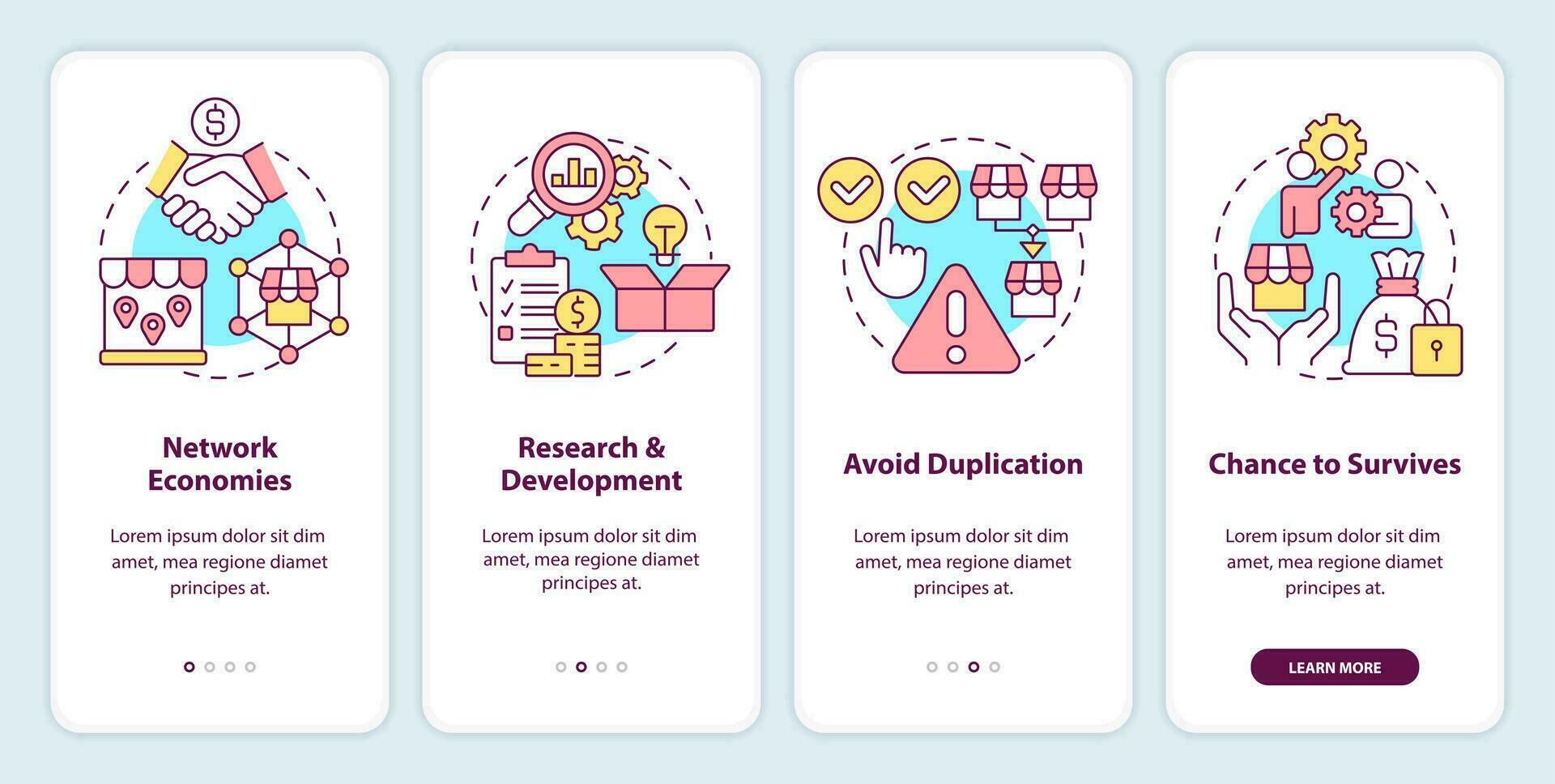 Advantages of mergers onboarding mobile app screen. Network economies walkthrough 4 steps editable graphic instructions with linear concepts. UI, UX, GUI template vector