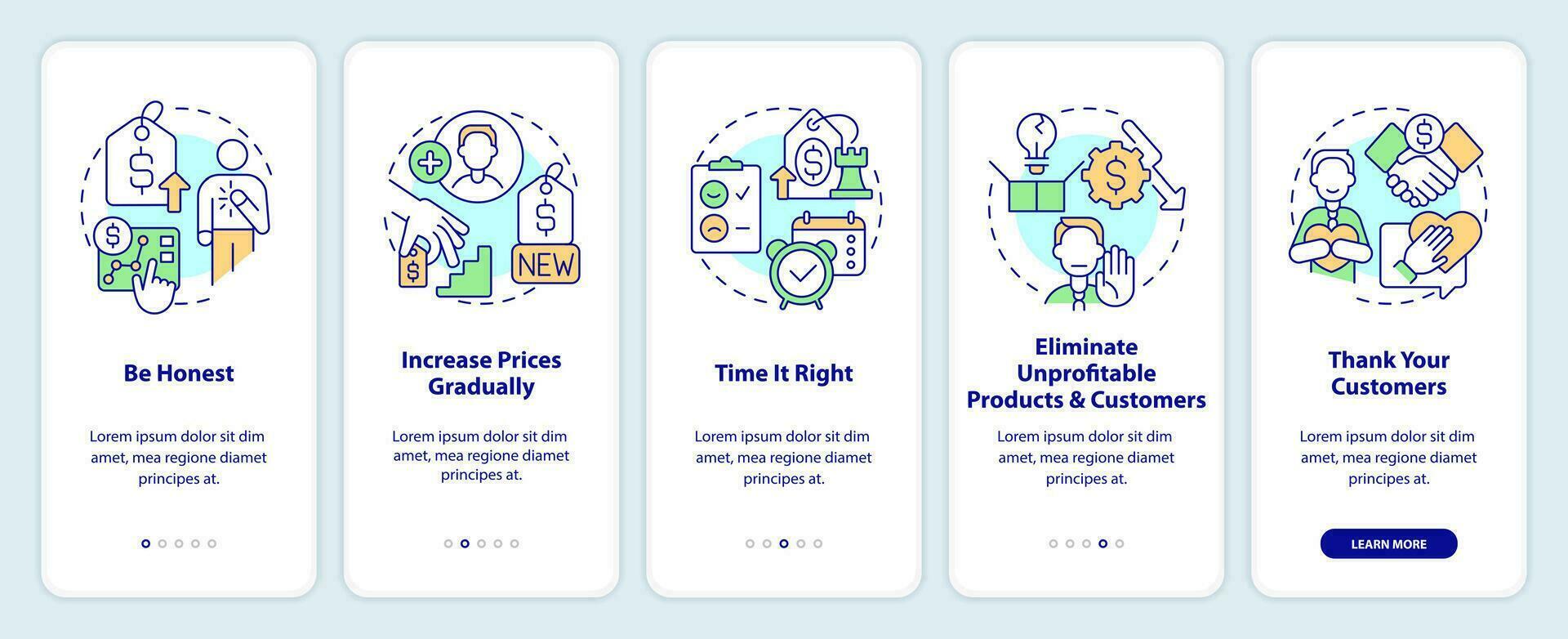Tactics for raising prices onboarding mobile app screen. Walkthrough 5 steps editable graphic instructions with linear concepts. UI, UX, GUI template vector