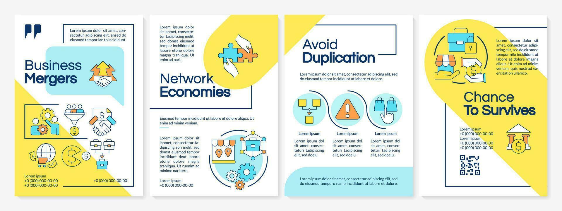 Business mergers benefits blue and yellow brochure template. Leaflet design with linear icons. Editable 4 vector layouts for presentation, annual reports
