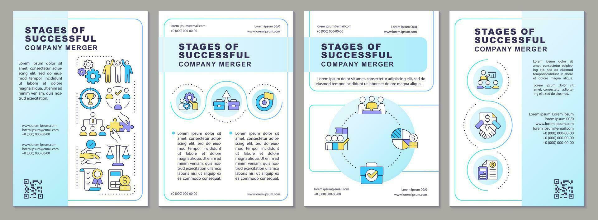 Stages of effective business merger blue gradient brochure template. Leaflet design with linear icons. 4 vector layouts for presentation, annual reports