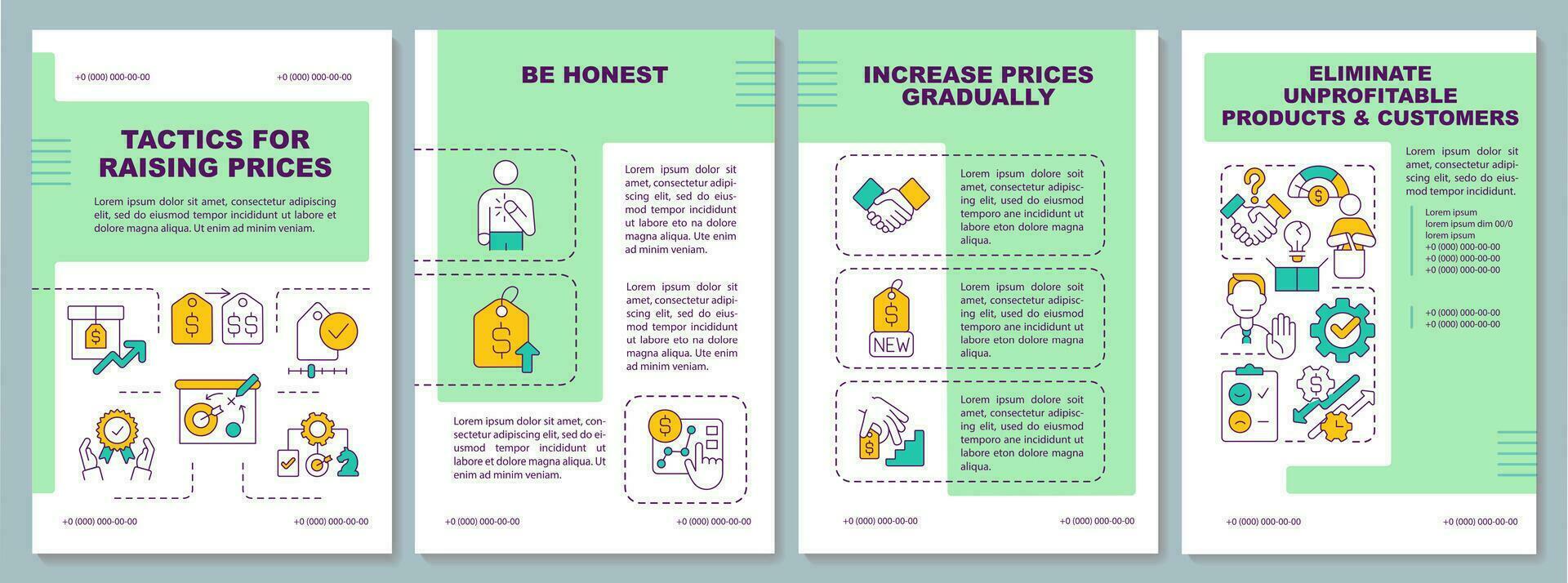 Tactics for rising prices brochure template. Leaflet design with linear icons. Editable 4 vector layouts for presentation, annual reports