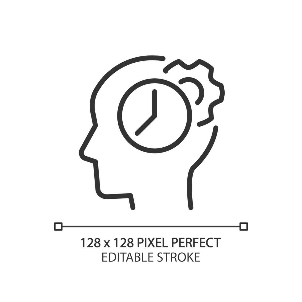 Time for thinking process pixel perfect linear icon. Synchronizing biological clock. Keep learning. Thin line illustration. Contour symbol. Vector outline drawing. Editable stroke
