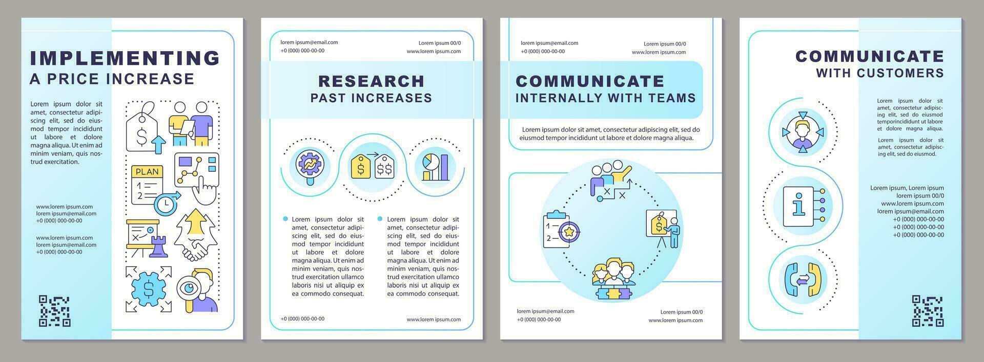 Implementing price increase light blue brochure template. Leaflet design with linear icons. Editable 4 vector layouts for presentation, annual reports