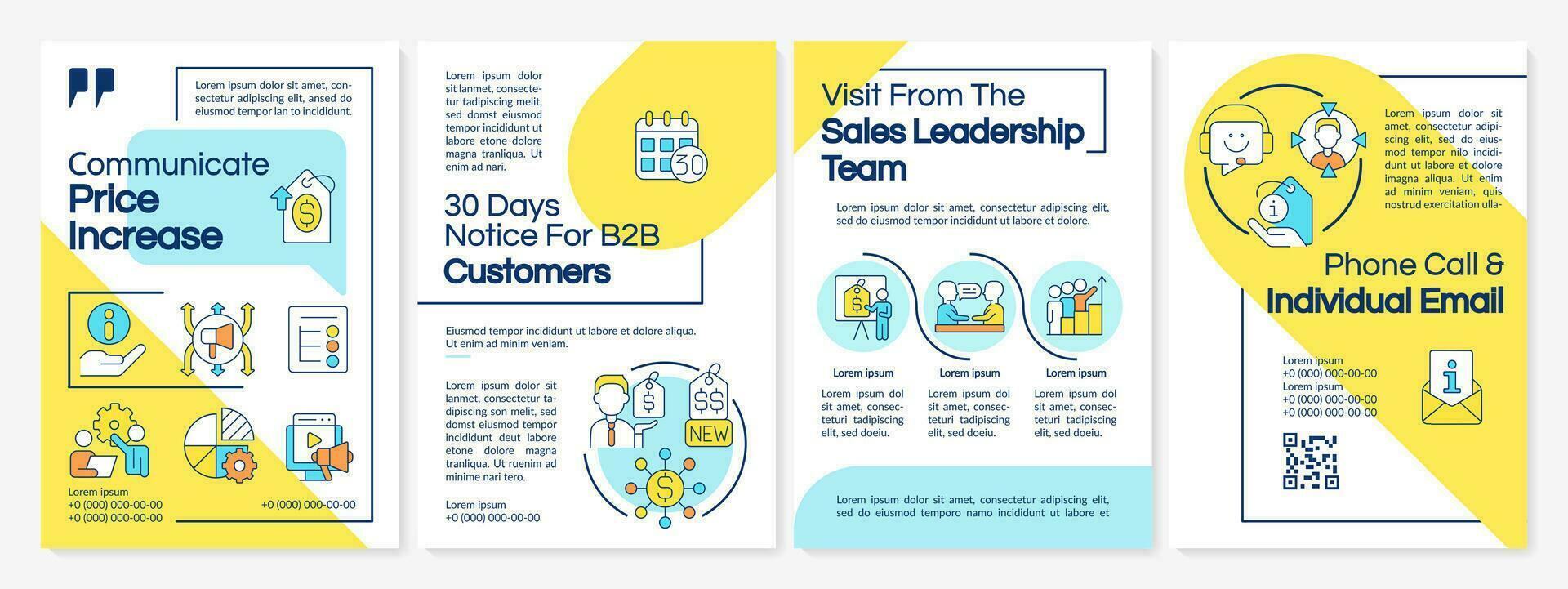 Communicate price increase blue and yellow brochure template. Leaflet design with linear icons. Editable 4 vector layouts for presentation, annual reports