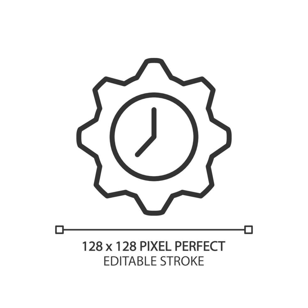 Time management pixel perfect linear icon. Flexible hours. Clock inside gear. Planning tasks. Thin line illustration. Contour symbol. Vector outline drawing. Editable stroke