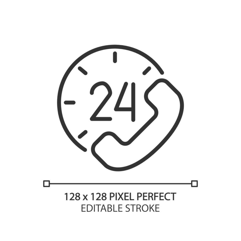 Round-the-clock support pixel perfect linear icon. 24 hour call answering service. Helping customers. Thin line illustration. Contour symbol. Vector outline drawing. Editable stroke
