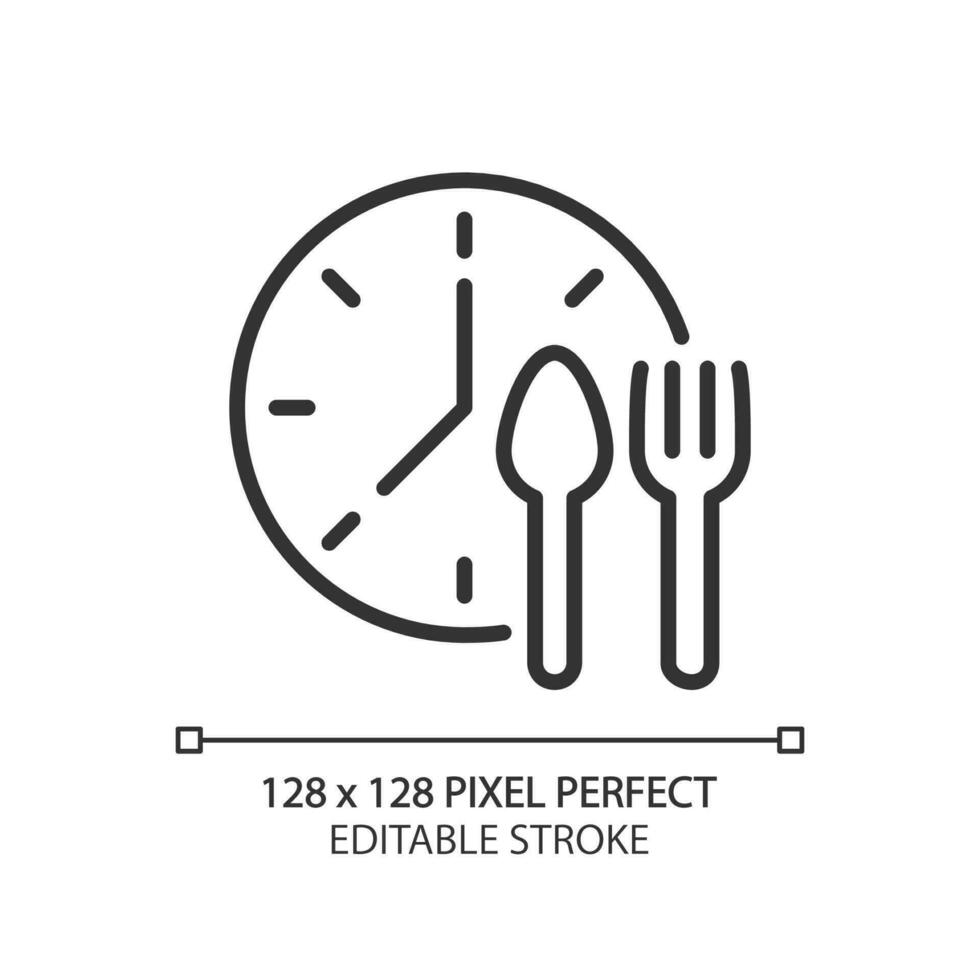 Lunchtime pixel perfect linear icon. Manage nutrition schedule. Take lunch break at work. Meal periods. Thin line illustration. Contour symbol. Vector outline drawing. Editable stroke